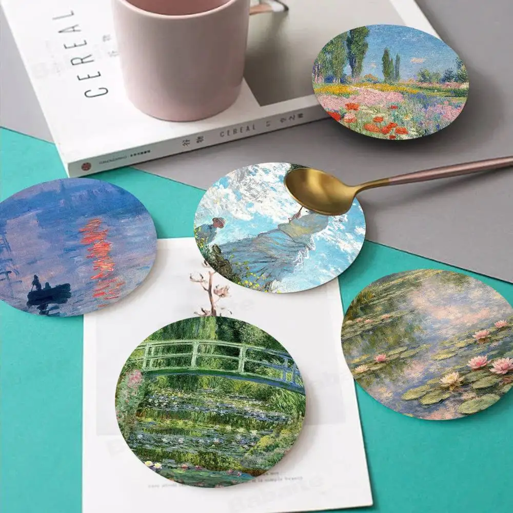 Monet Abstract Landscape Art Retro Wooden Cup Mats Elements Colour Printing Cup Coasters Home Kitchen Decora Gifts