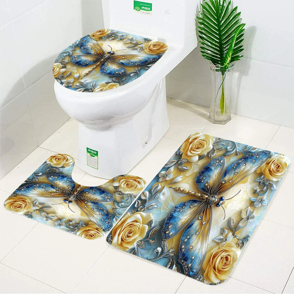 dragonfly floral pattern bathroom anti slip mat, entrance door mat, shower room small carpet, toilet water absorbing foot mat