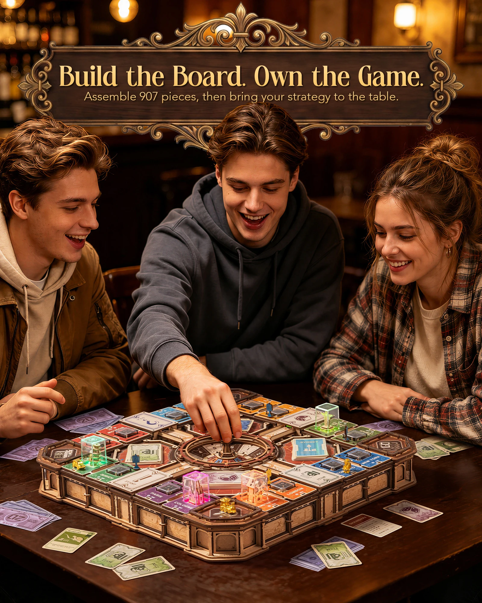 ROKR Wooden 3D Puzzle Fortune Quest Board Game with Sound & Light 907 Pcs Mechanical Model Building Kit for 2-5 Players to Play Party Game Holiday Gift for Adults Teens