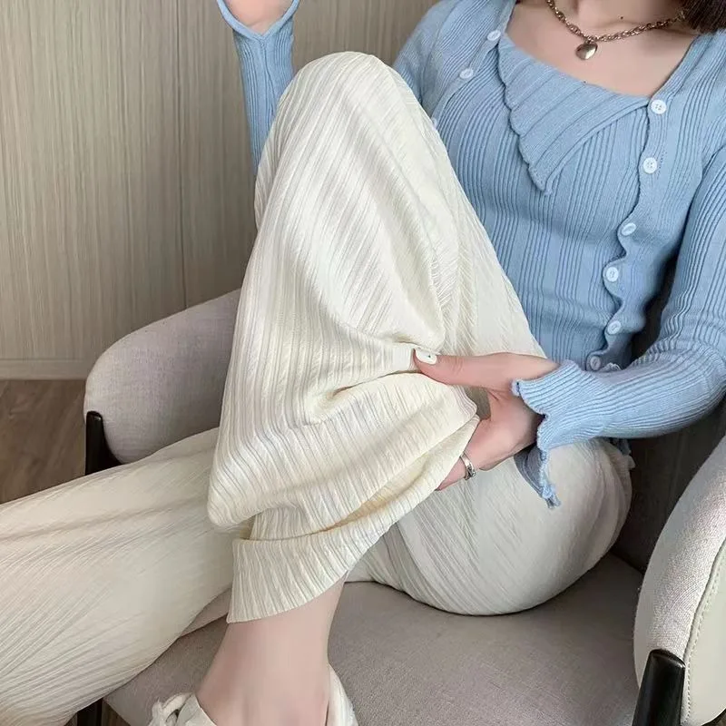 2024 Spring Summer Ice Silk Wide Leg Pants for Women Korean Thin Chiffon High Waist Saggy Loose Straight Casual Fashion Trousers