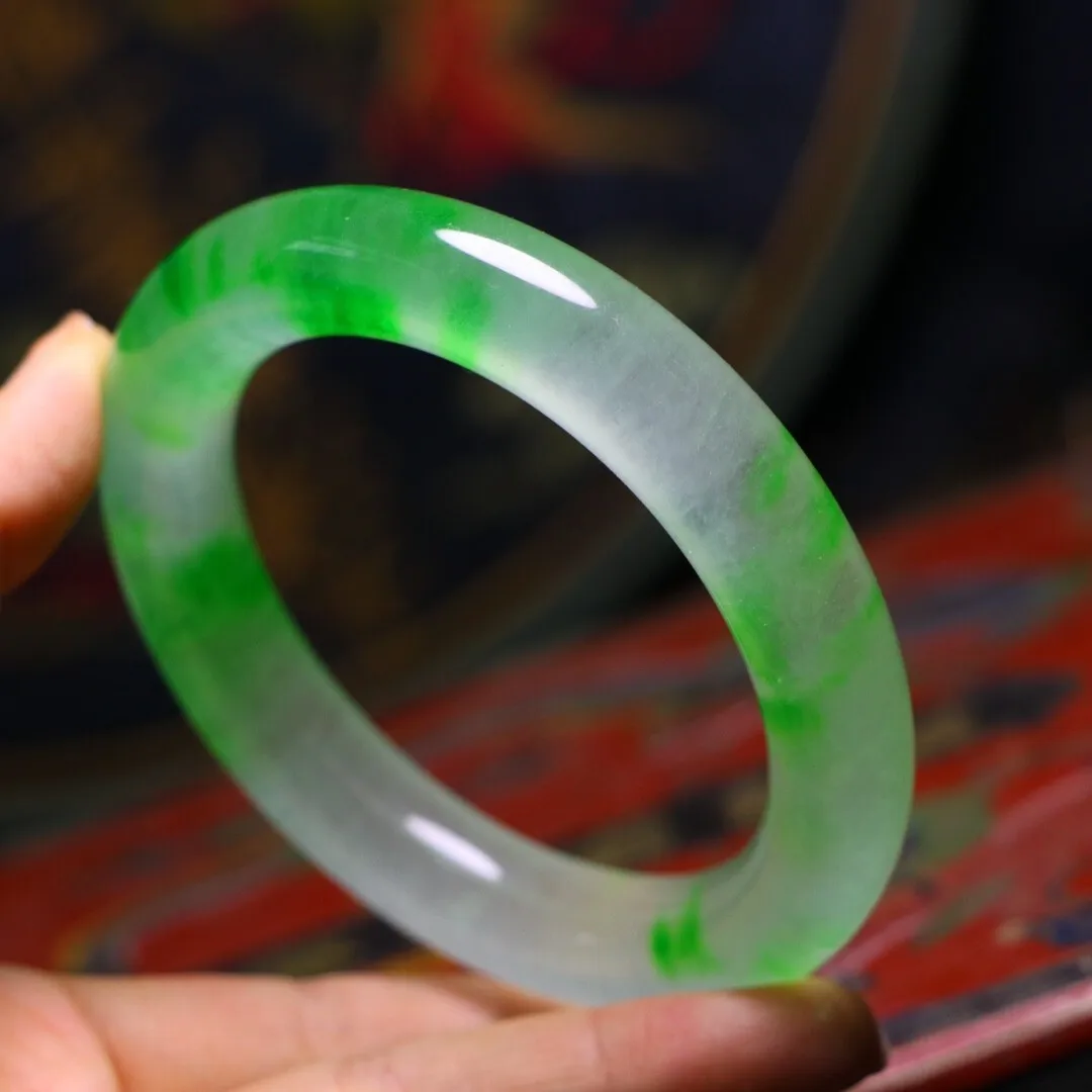 

Красивый натуральный класс AAA ледяной зеленый бирманский нефритовый браслет из жадеита 61 мм