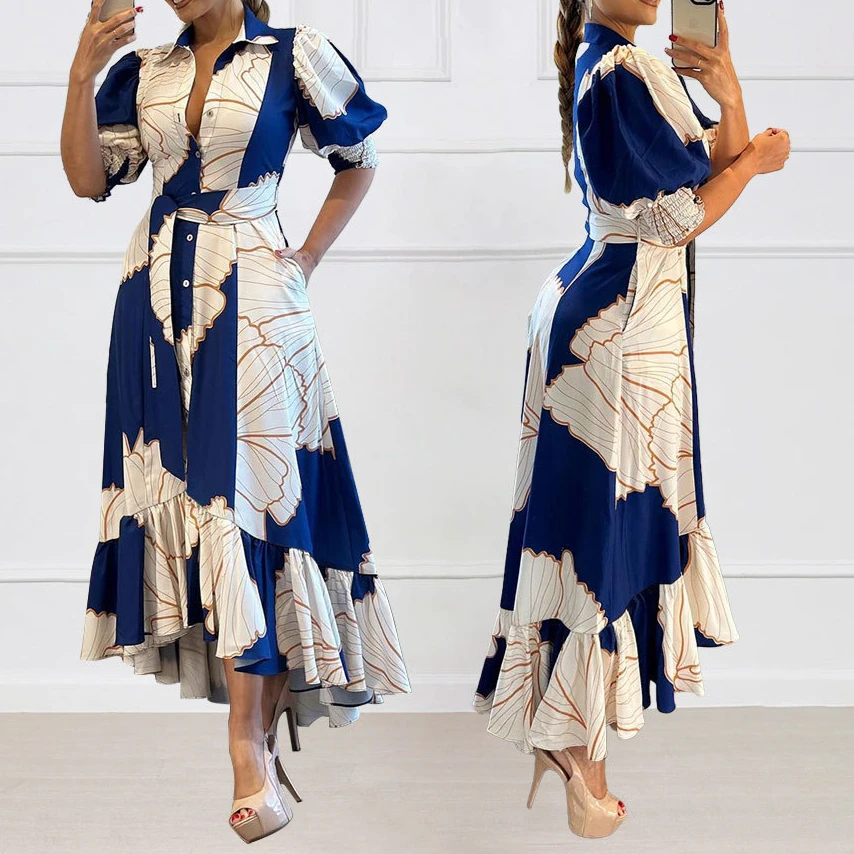 

Long Print Dress Women Dresses Elegant Office Lady A Line Y2k Streetwear Half Sleeves High Waist Maxi Vestidos Party Beach