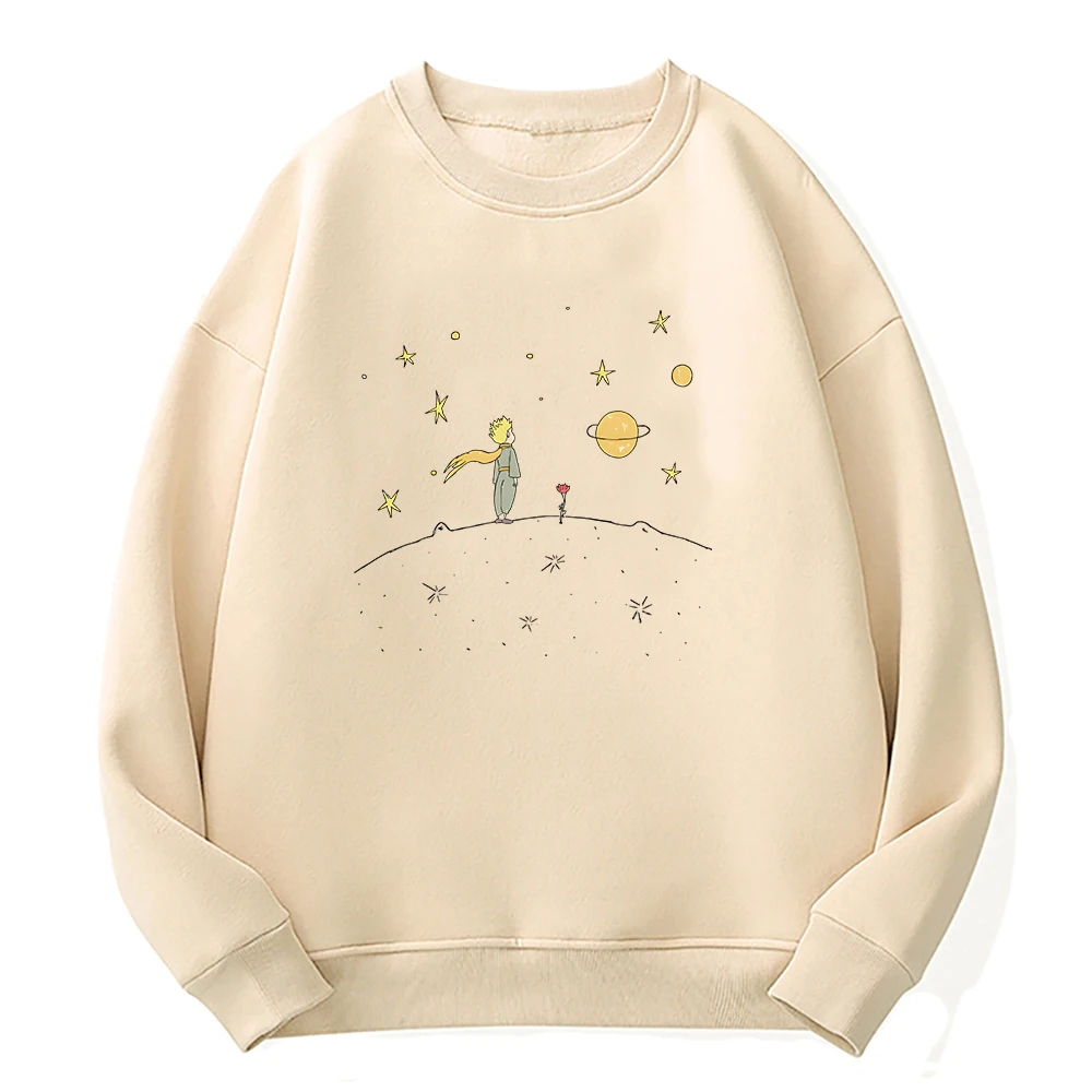 The Little Prince Print Hoodie Planet and Rose Graphic Hoody Women Sweatshirt White Pullover Female Oversized Clothes Spring Top