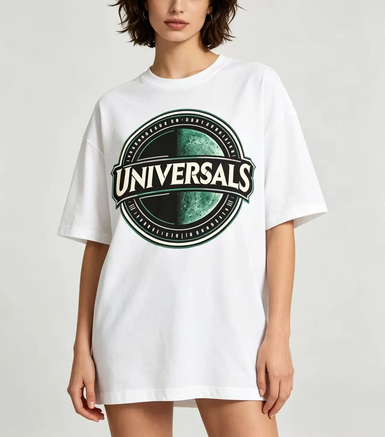Unisex Retro Badge UNIVERSALS Planet Graphic T‑Shirt Men Women Space Theme Oversized Cotton Short Sleeve Tee