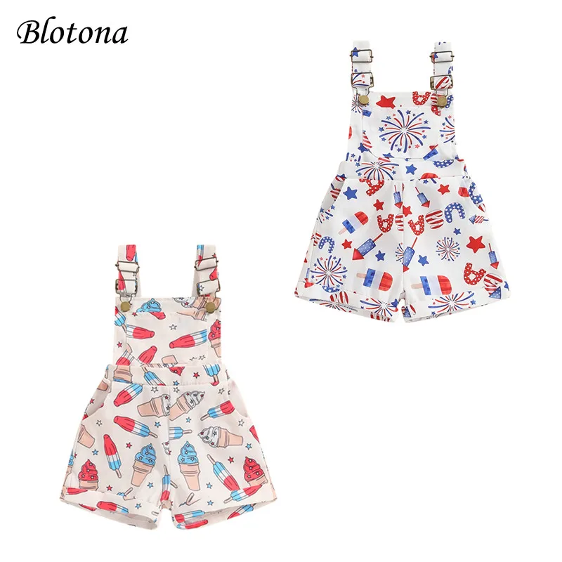 

Blotona Kids Girls Summer Independence Day Jumpsuit Sleeveless Ice Cream/Firework Print Suspender Shorts Overalls 6M-6Y