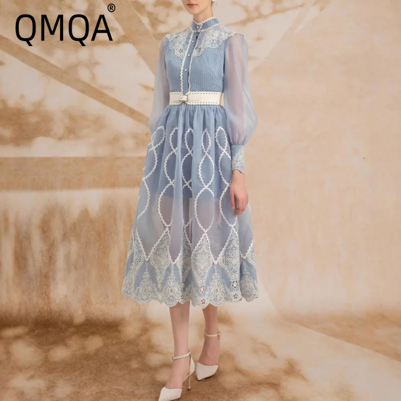 

QMQA Fashion Women's Elegant Chiffon Dress Stand Neck Long Sleeve High Waist Elegant Princess Style Dresses 2025 New Spring