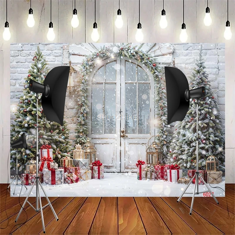 

SHUOZHIKE Christmas Day Wreath Snowman Photography Backdrop Props Family Party Living Room New Year Photo Background DJ-04