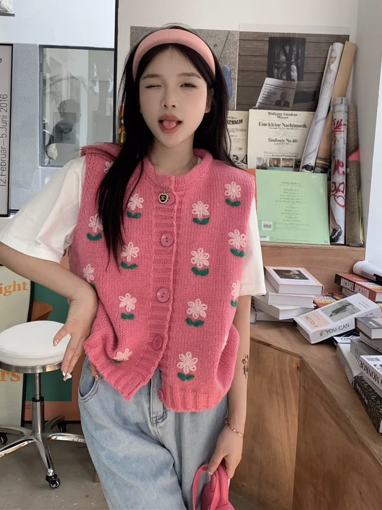 

Sweet Floral Knitted ort Sweater Vest Women's Outerwear Design Spring 2024 Commute Sle round Ne Single Button Closure