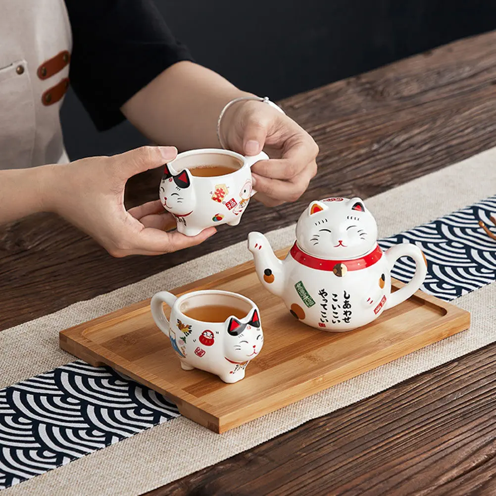 Juego de Té Chino de Cerámica con Diseño de Gato de la Suerte, para Té Verde, Oolong, Pu Erh, Accesorios para la Ceremonia del Té