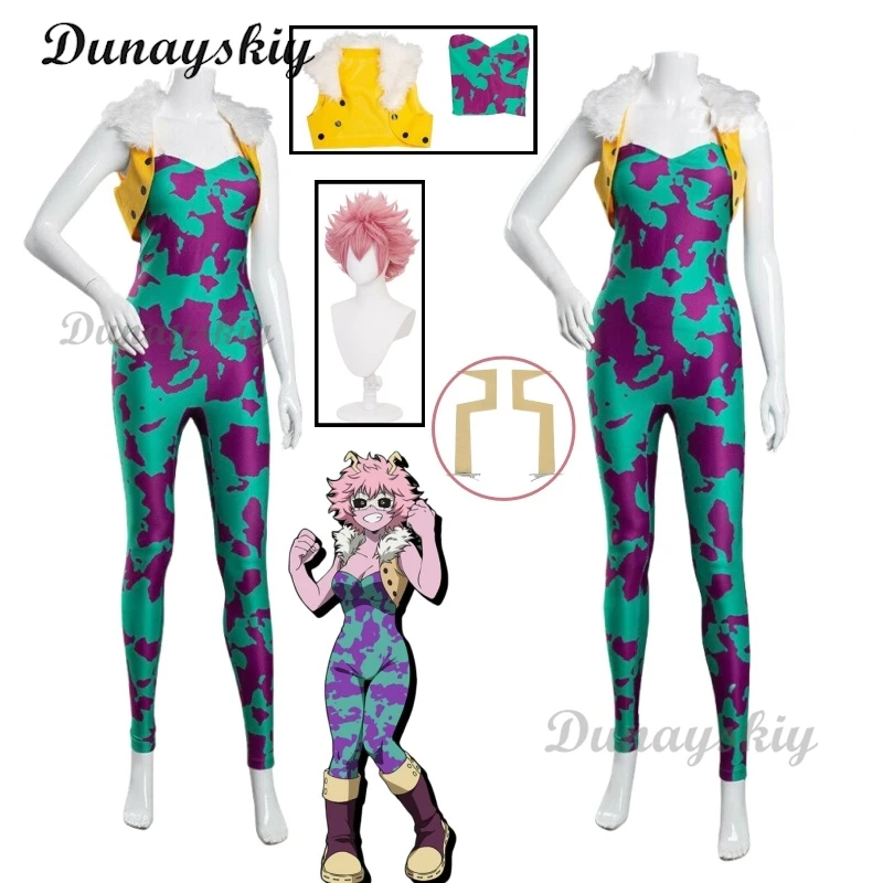 Anime My Ashido Mina Pinky Cosplay Costume Hero Mina Wig Printing Jumpsuit Academia Headwear Woman Halloween Carnival Customized