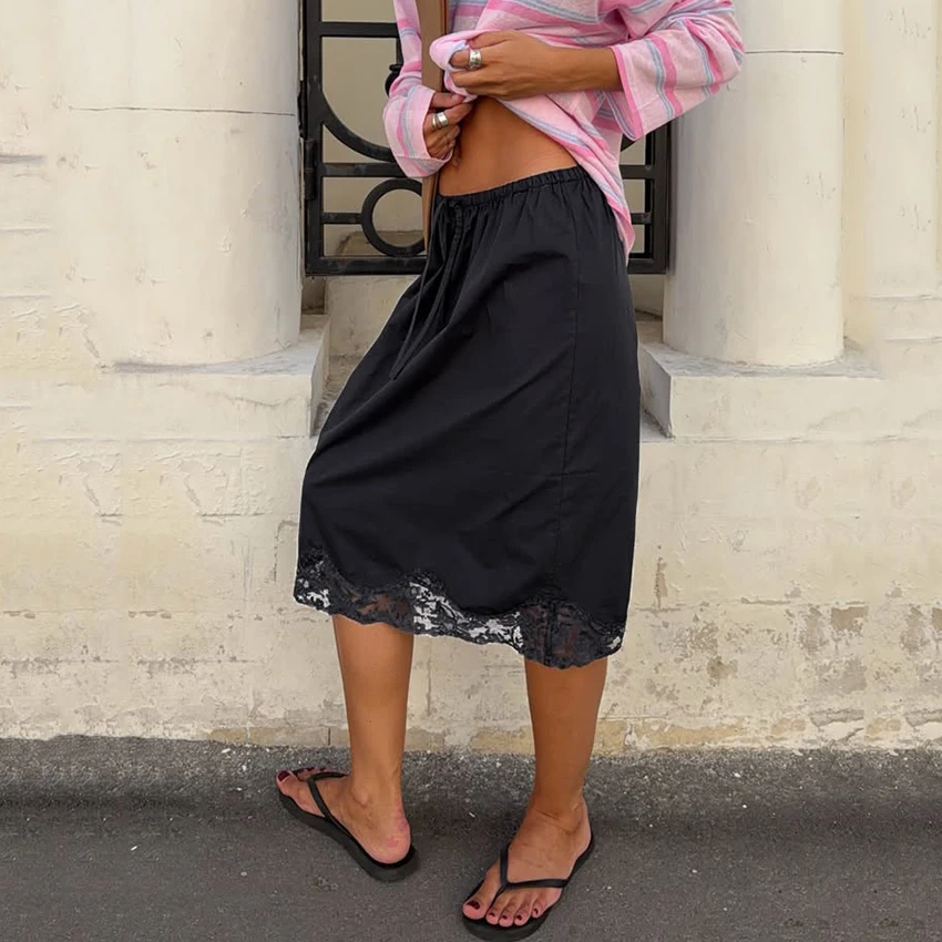 Linad Vintage Black Lace Midi Drawstring Skirts Woman Street Chic Green Loose Straight Skirts 2026 Casual Lace Up Skirt Female