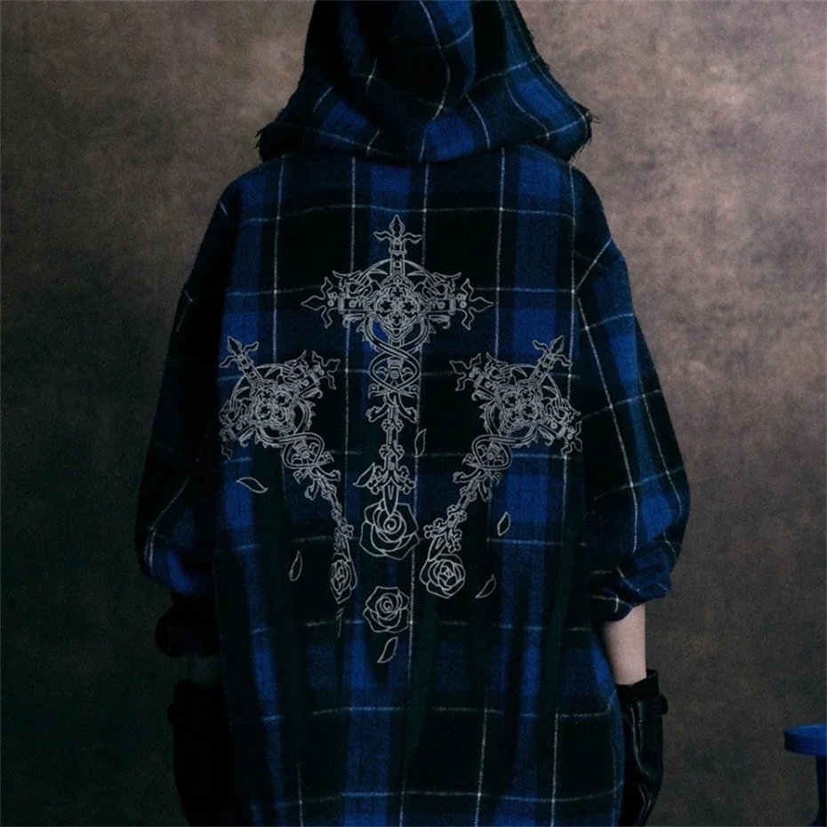 Mens Blue Plaid Shirts Gothic Broken Edge Long Sleeve Shirt for Women Oversized Hooded Y2K Streetwear Punk Hip Hop Coats Unisex