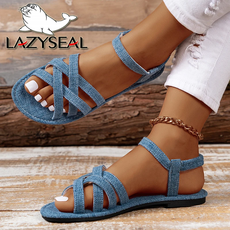 LazySeal Blue Denim Fashion Women Flat Heel Sandals Elastic Band Summer Shoes For Woman Sweet Summer Casual Shoes Plus Size 43