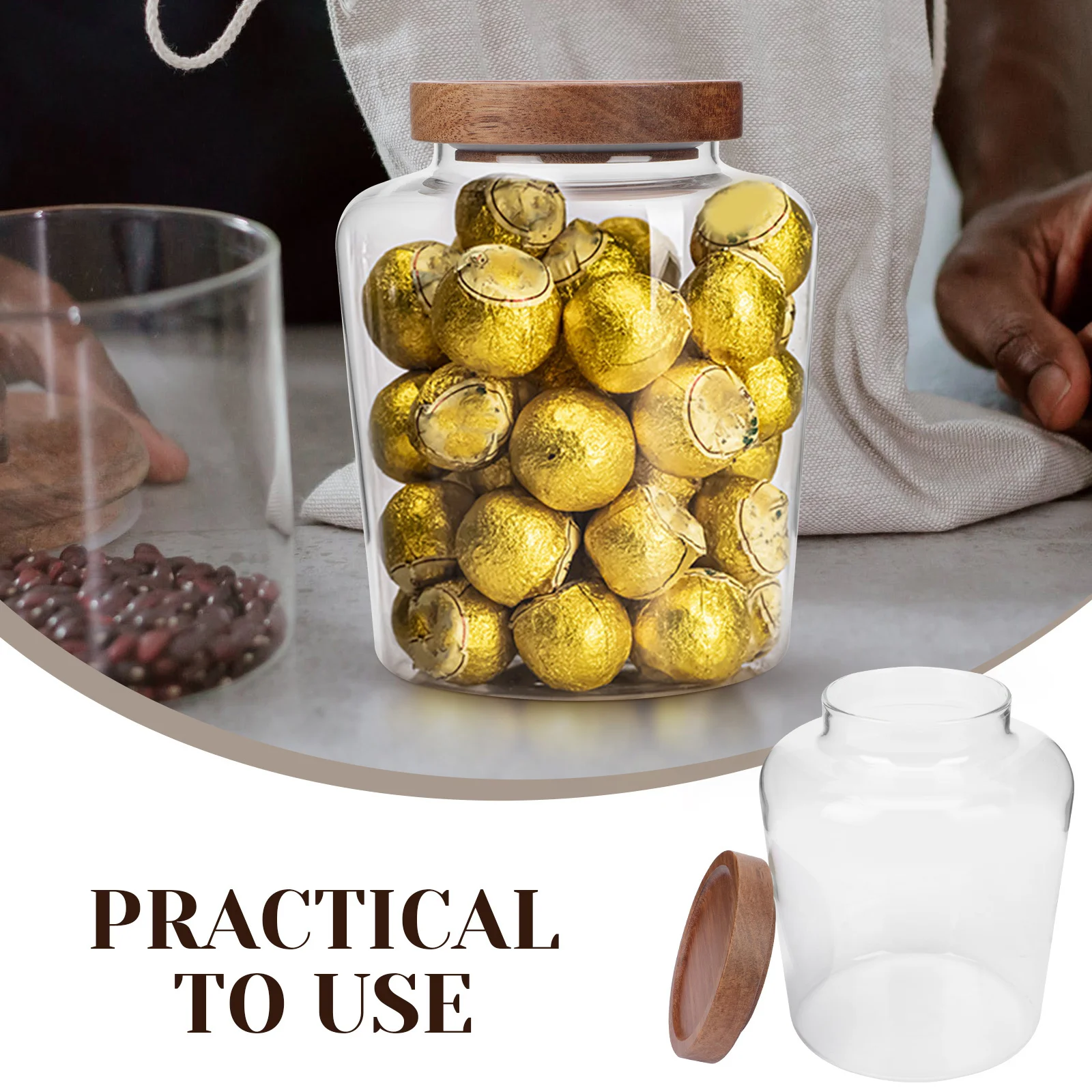 

Wooden Cover Glass Jar for Kitchen Food Storage Sealed Cereal Container Dried Tea Holder Transparent Canister Coarse Grain