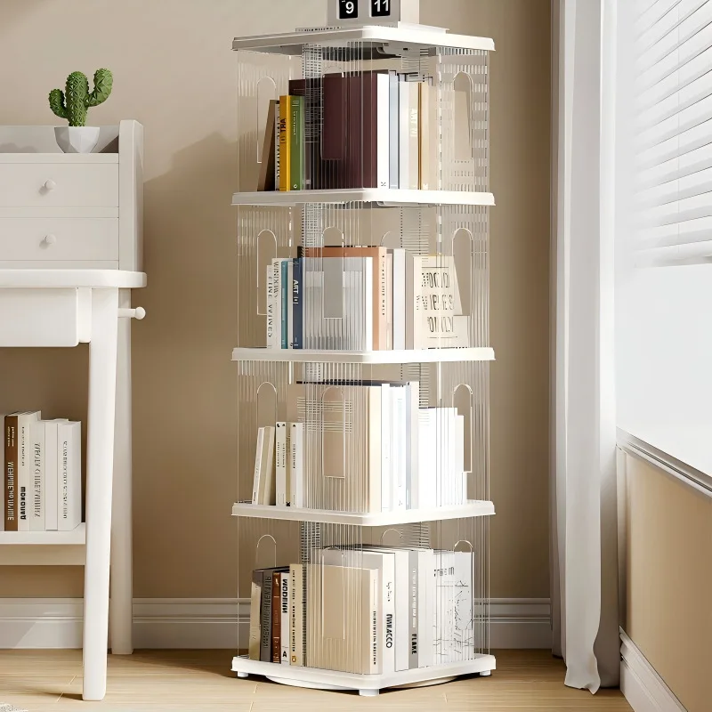 HT 360 degree rotating bookshelf floor shelf living room study narrow slot storage cabinet transparent five-layer mobile