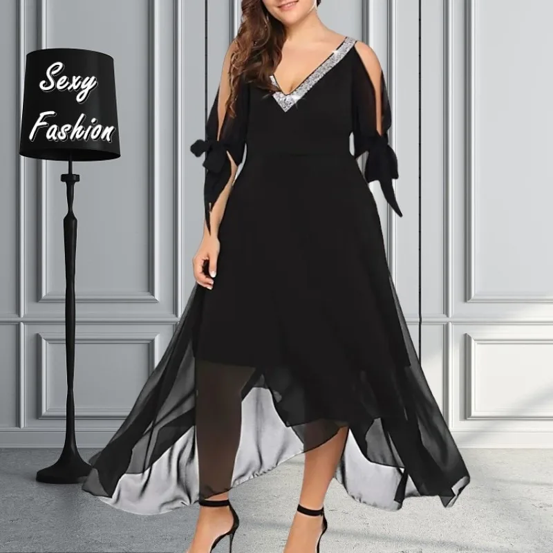 XL-5XL Sommerkleid Frauen 2023 plus Größe Kleidung 2023 Sommer Kurzarm Chiffon Irregualr elegante Abend party langes Kleid