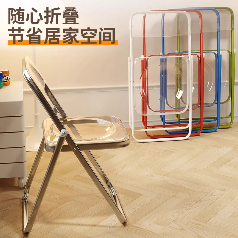 Portable Folding Stool Chair Metal Electroplated Silver Frame Transparent Colored Hard Seat Options Thickened Quiet Dual-Axis