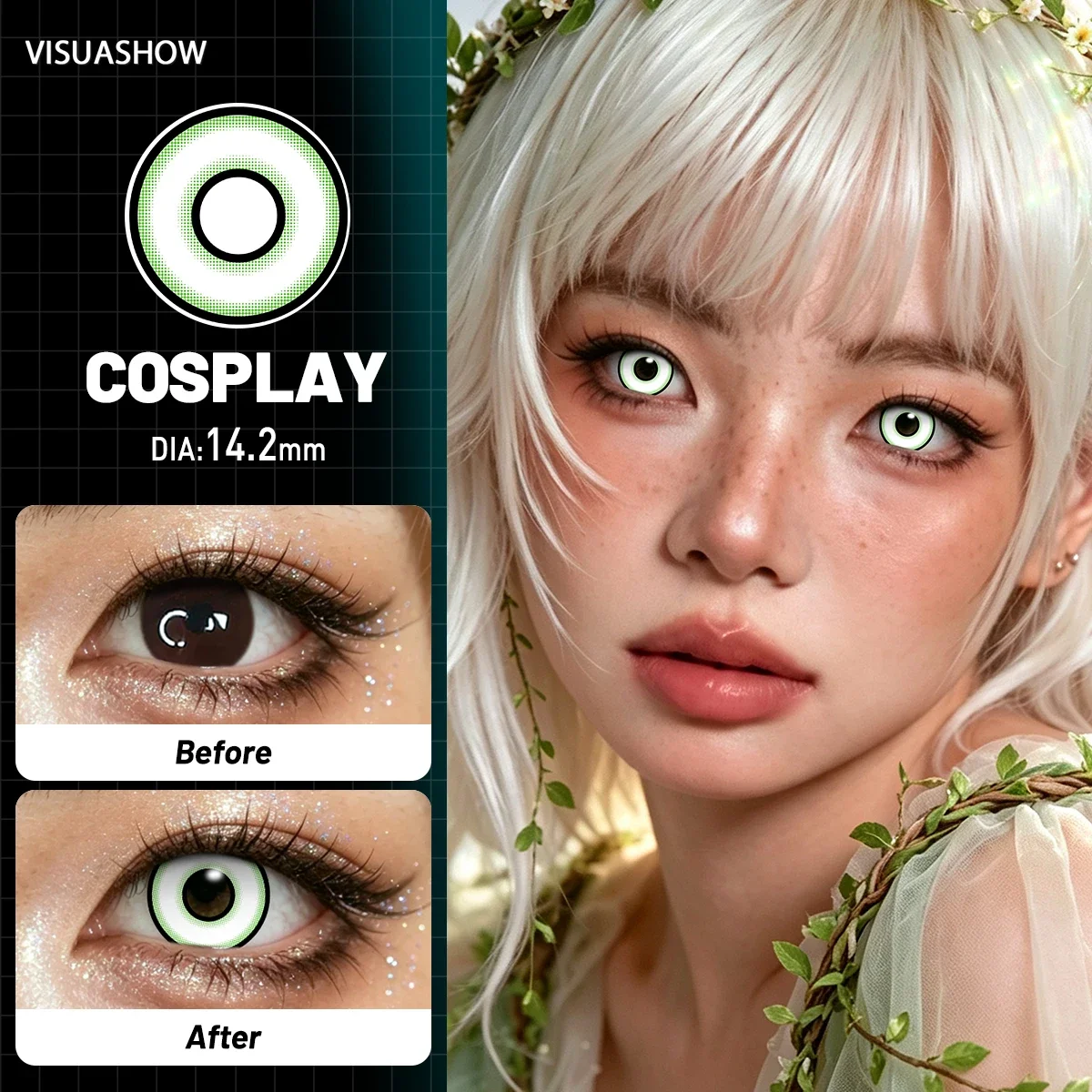 Lalens Grüne Anime-Cosplay-Farbkontaktlinsen, 1 Paar, 14,2 mm, Kosmetiklinsen für Cosplayer, Halloween, Weihnachtsfeier, Kostüm, Augen-Make-up – Detail 25