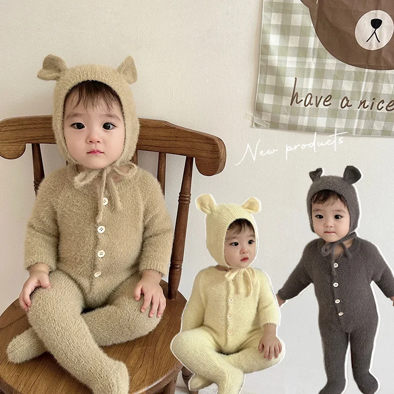 

Newborn Baby Mink Fur Romper with Hat Cute 0-24M Baby Clothes Animal Ear Footed Romper Solid Color Warm Jumpsuit