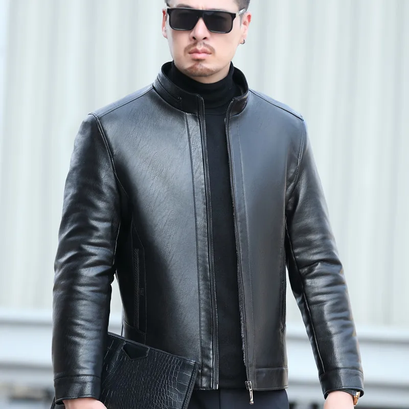 YXL-831 Autumn and Winter Men's Middle-aged Youth Casual Natural Leather Jacket Stand Collar Fur Fashion Black Brown