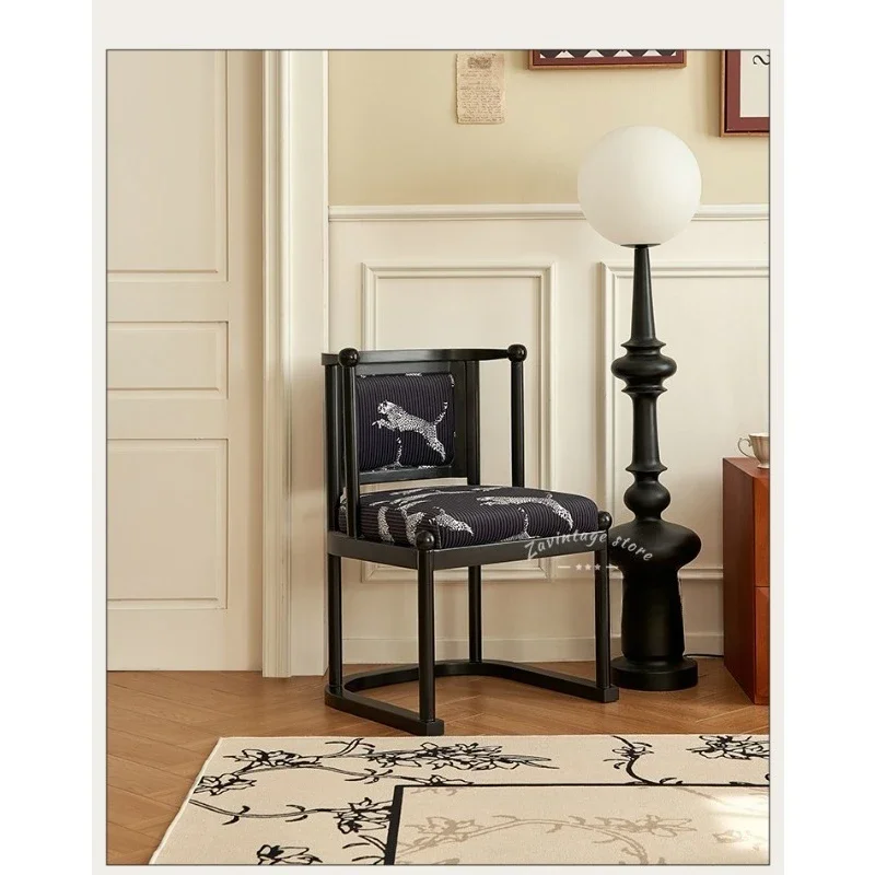 French cream style solid wood black dining chair, light luxury high-end designer chair