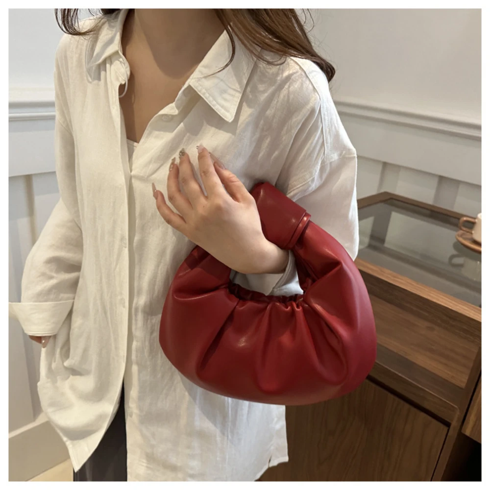 Women Pleated Clutch Bag Solid Color PU Leather Knot Wrist Bag Top Handle Handbag Fashion Simple Ladies Ruched Phone Pouch Purse