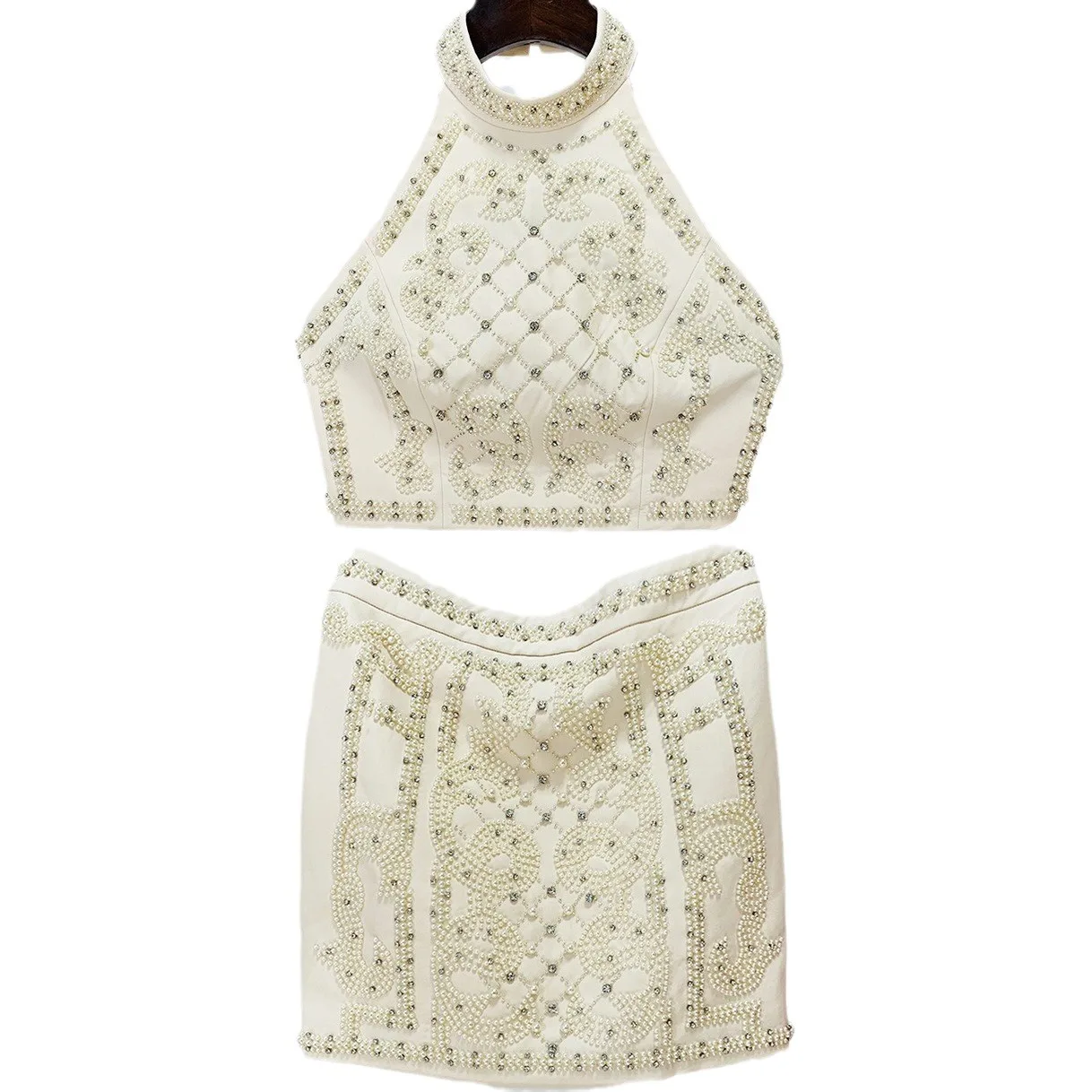 TWOTWINSTYLE, conjuntos de dos piezas adelgazantes lisos para mujer, chaleco sin mangas con cuello redondo, falda de cuentas de retales de cintura alta, ropa femenina