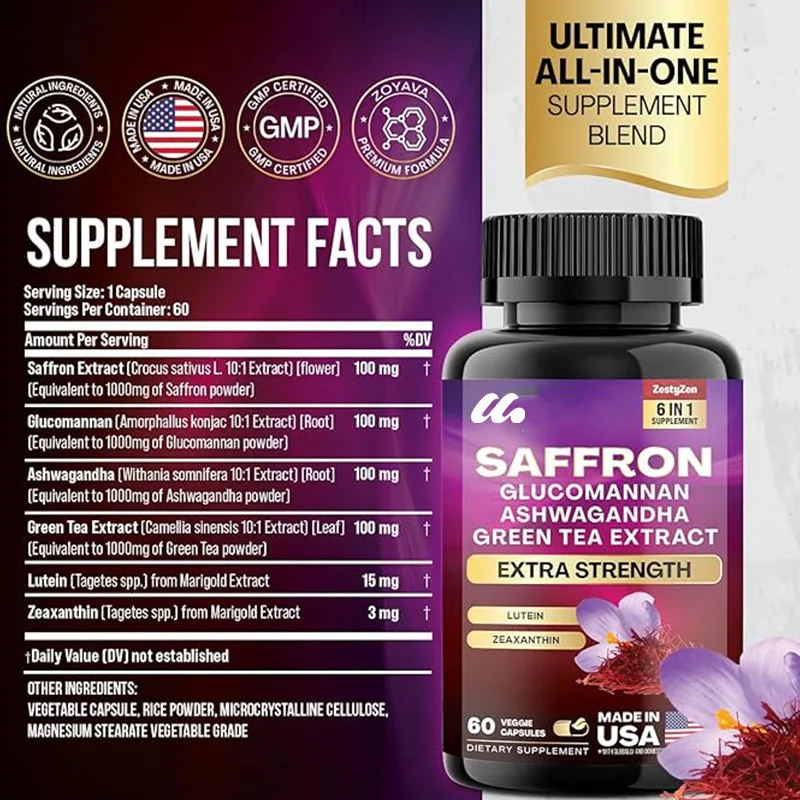 Saffron supplement - glucomannan, South African eggplant,green tea extract,lutein,and zeaxanthin - pure saffron extract capsules