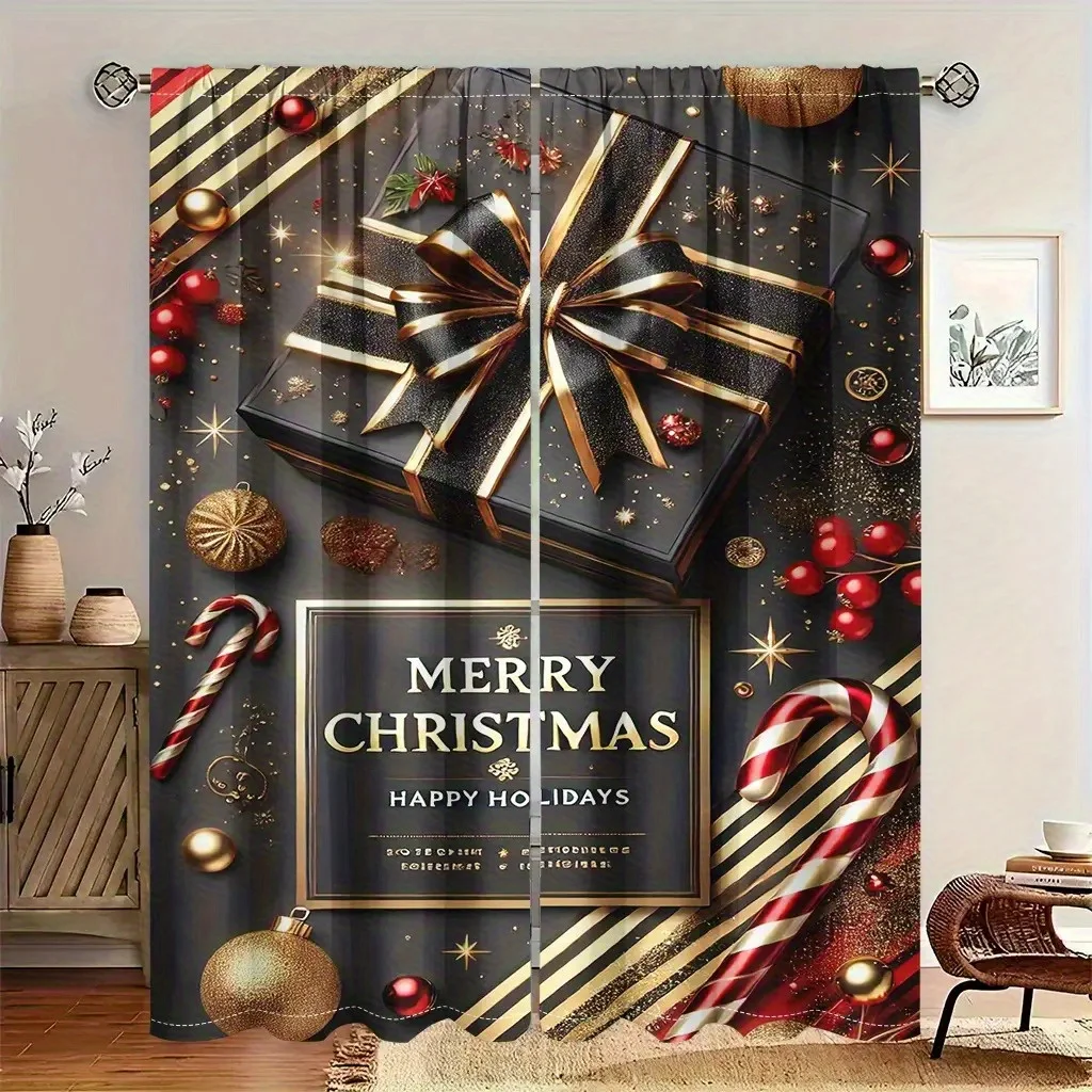 ​​2pcs Black Gold Christmas Curtains with Bow Candy Cane Print,Blackout Polyester Machine Washable for Living Room Bedroom Decor