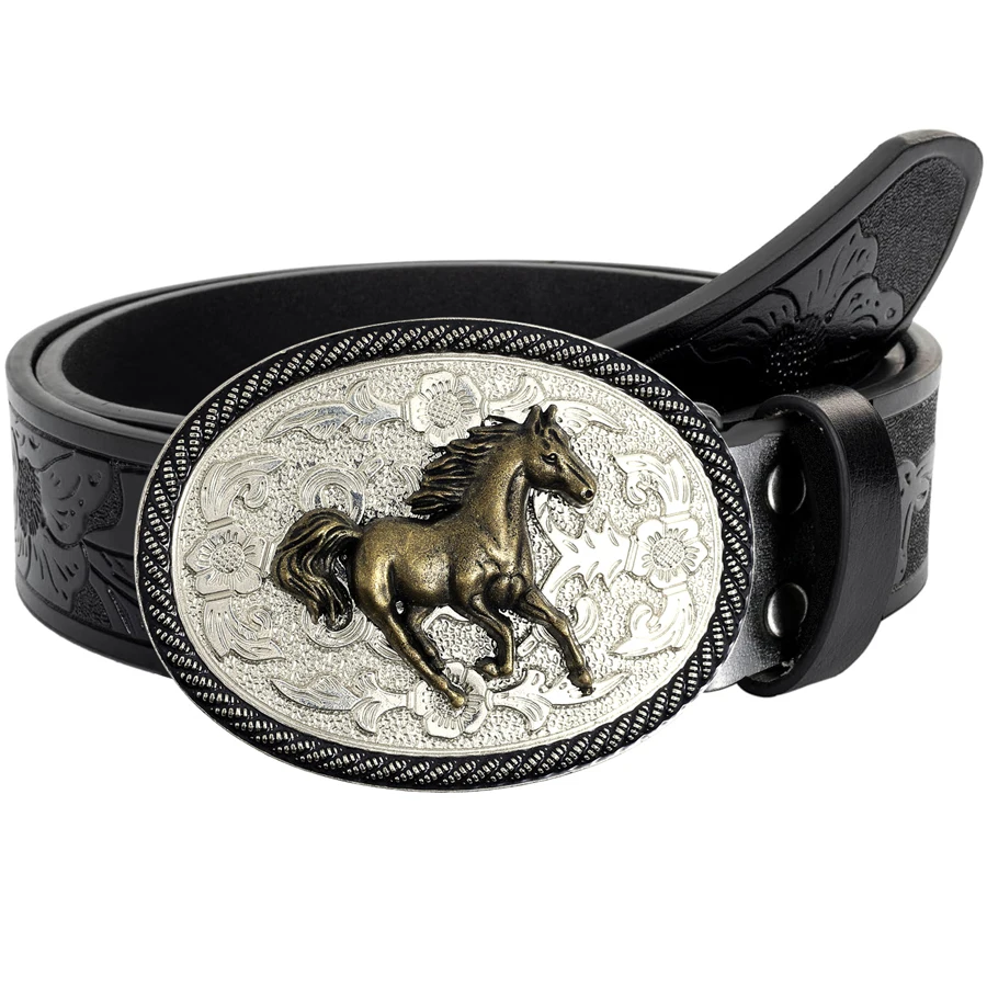 1pc Men's Western Style Belt, Horse, Printed, Pattern Carved with Flowers and Long Horn Decorations, Retro Style, Great Valentin