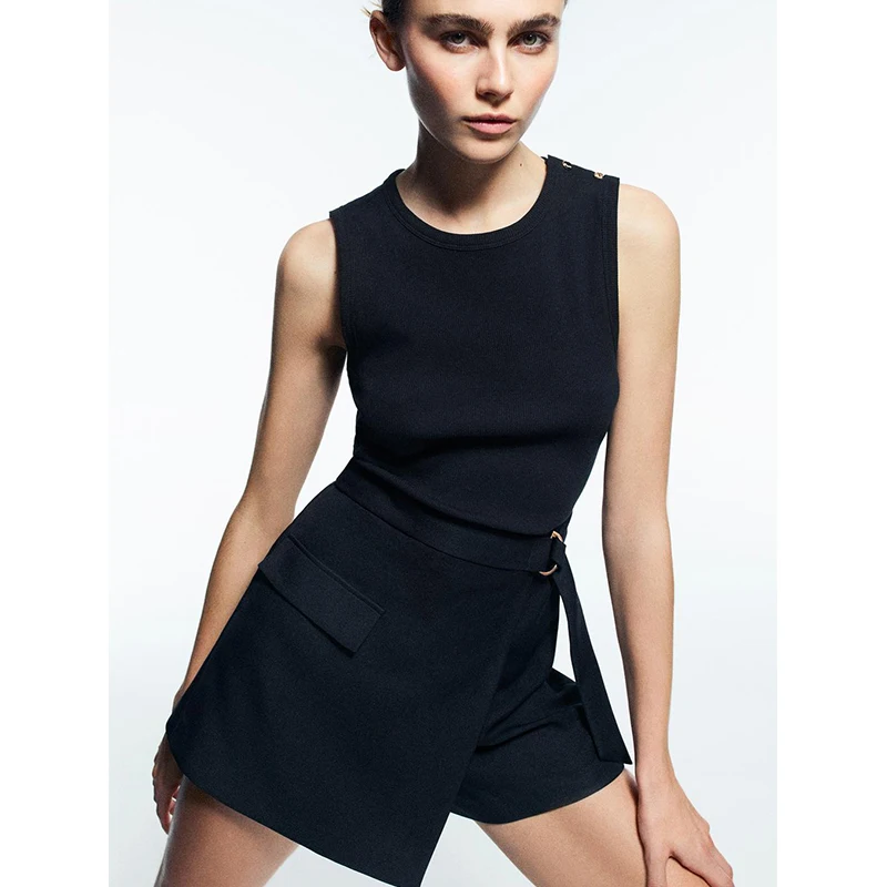 Spring New Women's American Workwear Sle round Ne Svel Belted Patchwork Jumpsuit High Waist A-Line Skirt ort Dr