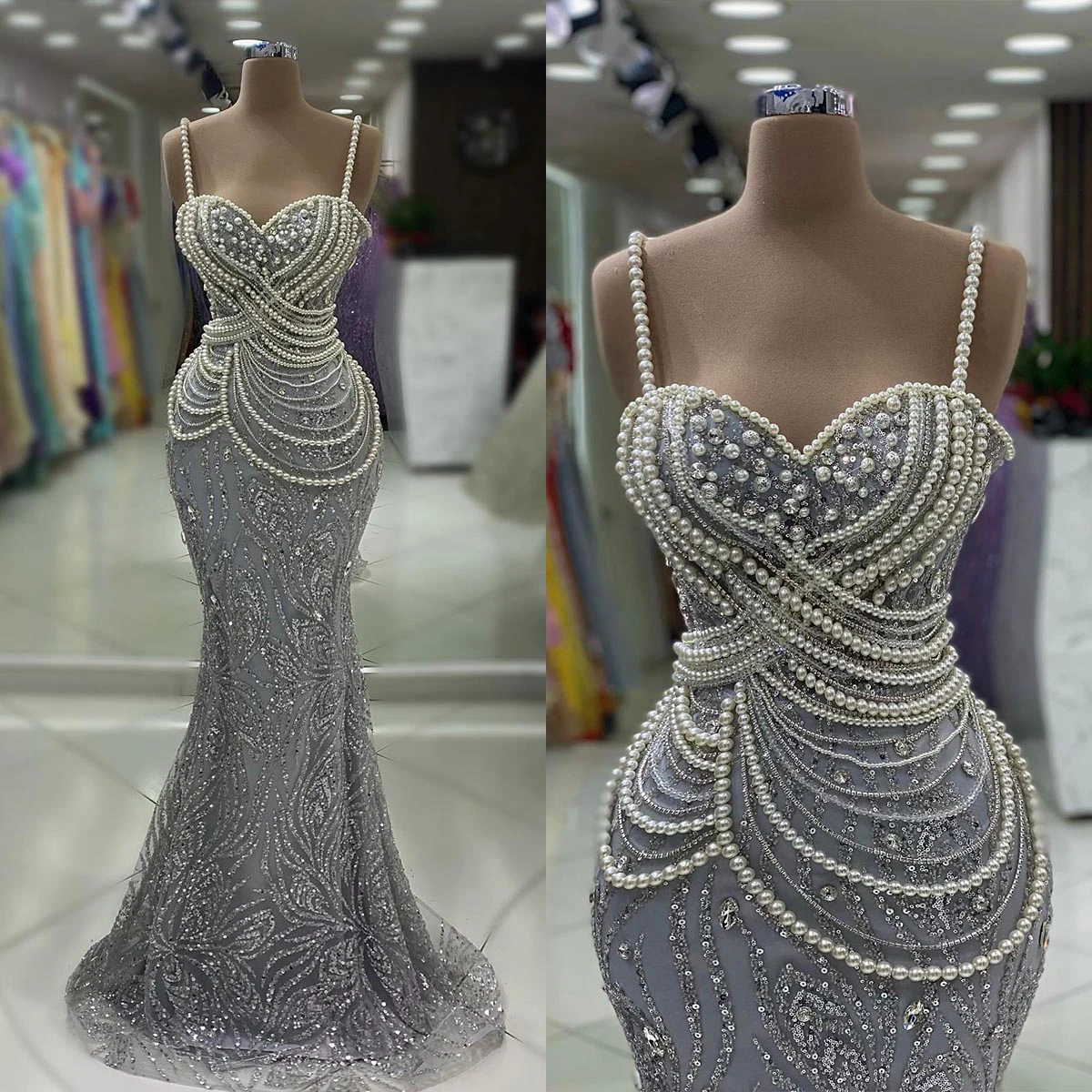 

Real Picture Pearls Prom Dresses Women Sexy Sling Evening Dress Grown Floor-Lenght Vestidos De Novia Hand Sewn Beads Customized