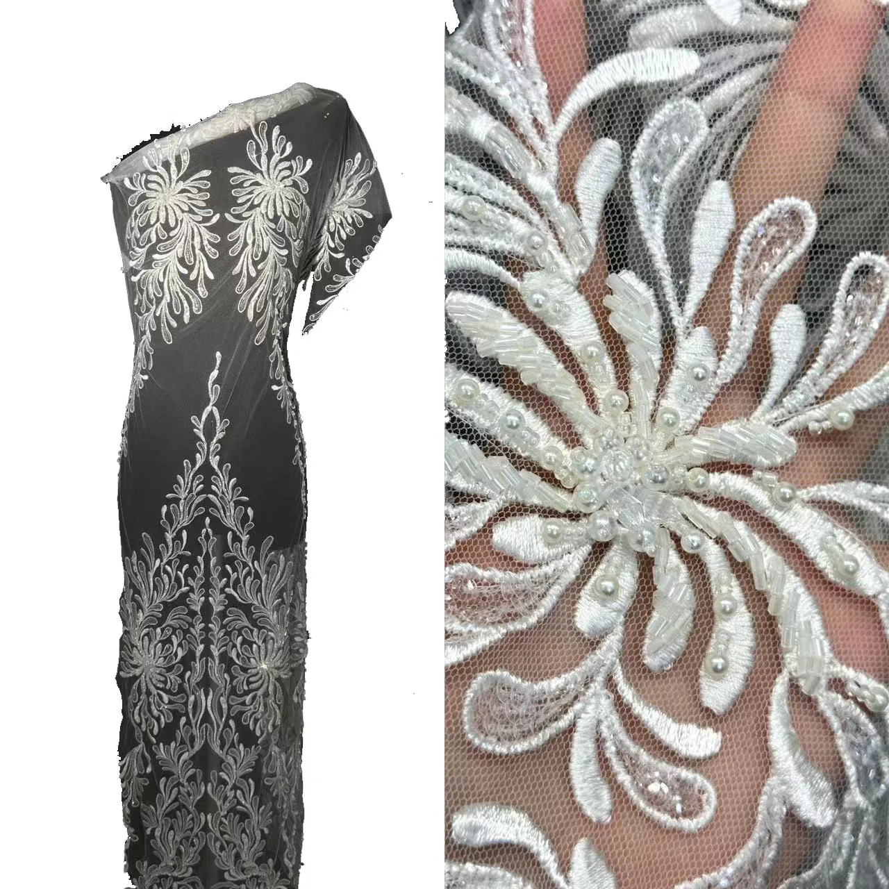 

2024 New Exquisite Quality 3D Handmade White Embroidery With Sequins Beads For 5yards Wedding Dress Lace Fabric Free Shopping