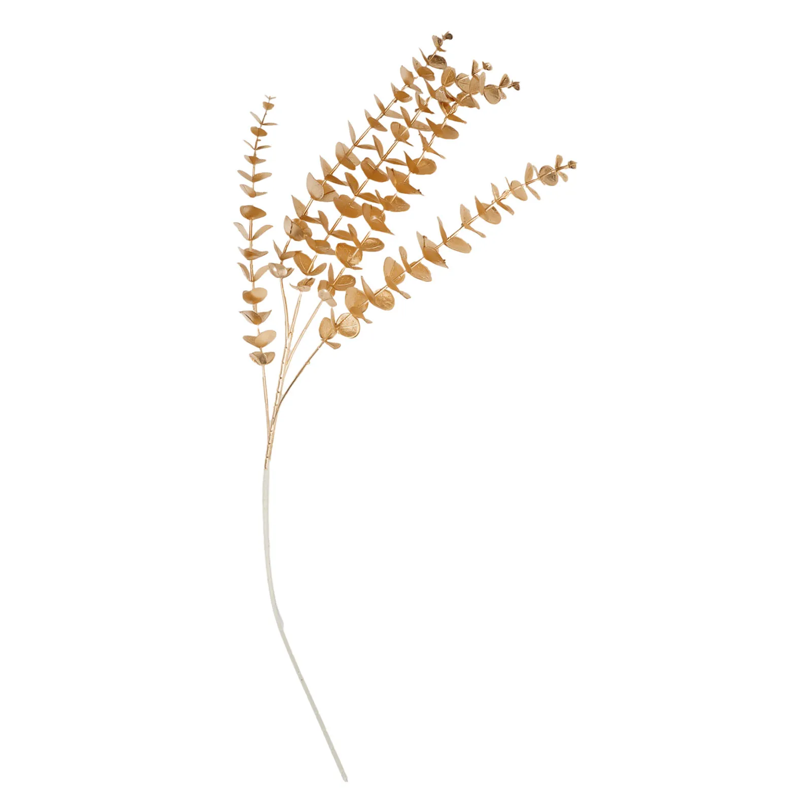 장식용 꽃꽂이 재료로는 모조 황금 유칼립투스 은행잎과 플라스틱으로 만든 금색 부채잎을 사용합니다.