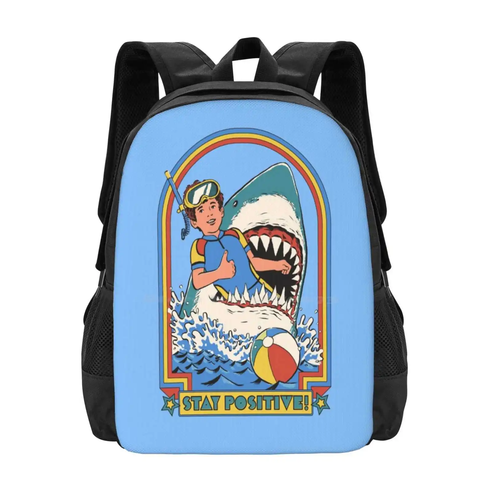 Stay Positive Backpack For Student School Laptop Travel Bag Shark Funny Nostalgia 80S 70S Retro Vintage Activities Swimming