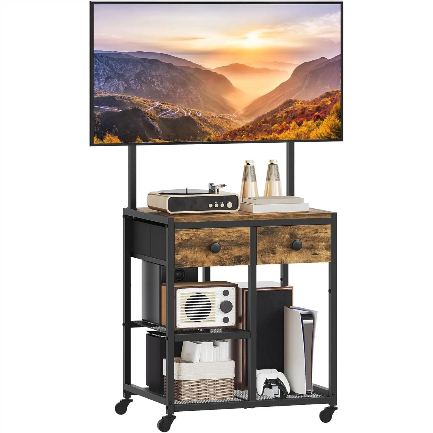 

Corner TV Stand with Mount for TVs up to 50 Inches, Rolling Entertainment Center with Storage, Rustic Brown