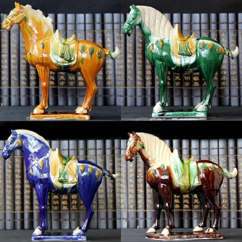 Tang Sancai Blue Glazed War Horse Ancient Porcelain Unearthed in Imitation Museum Antique Horse Decoration