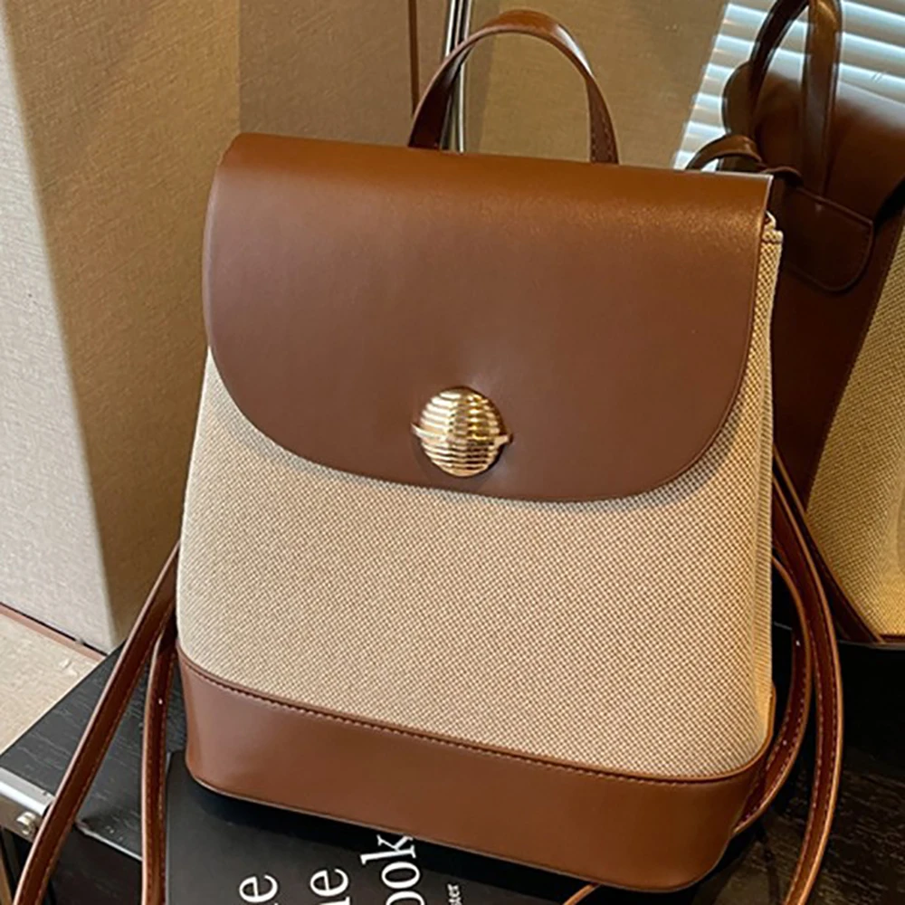 High Grade Pu Patchwork Backpack Women's Korean Style Casual Buckle Zipper Double Shoulder Bags Students Commute Backpacks