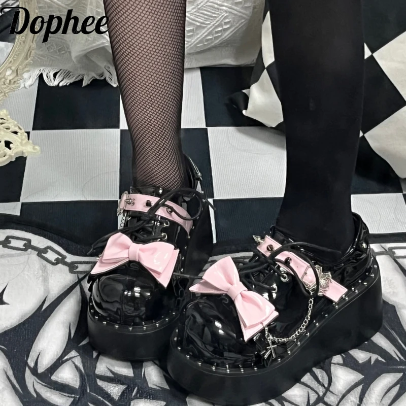 

Dophee Original Spider Chains Bow Spice Girls Thick Soled Shoes Y2k Punk Lolita Pumps Round Toe Women Platform Shoes Mary Jane