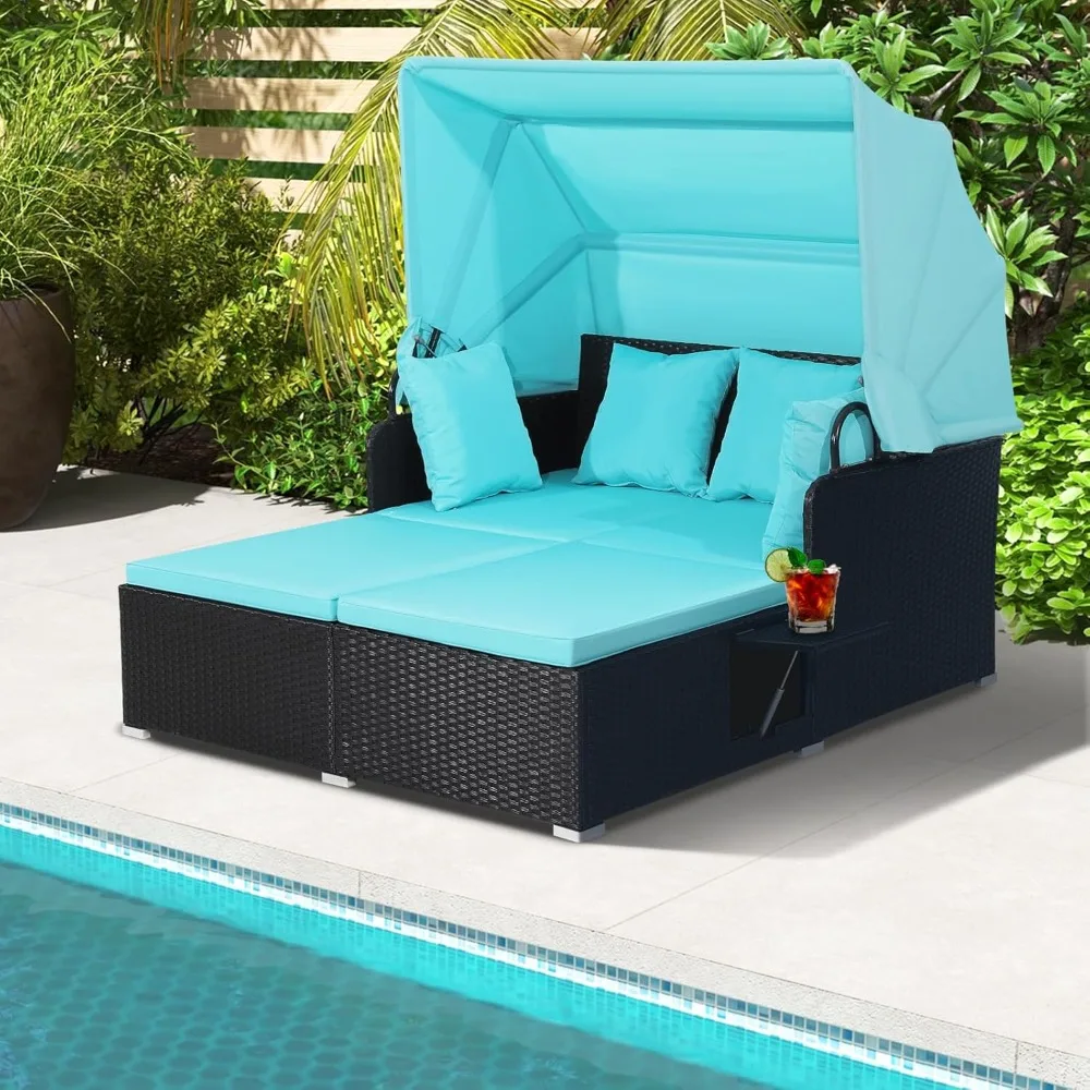 

Outdoor Daybed, 2-Person Wicker Patio Sofa with Retractable Canopy, Cushions & Pillows, 2 Side Trays, PE Rattan, Customized