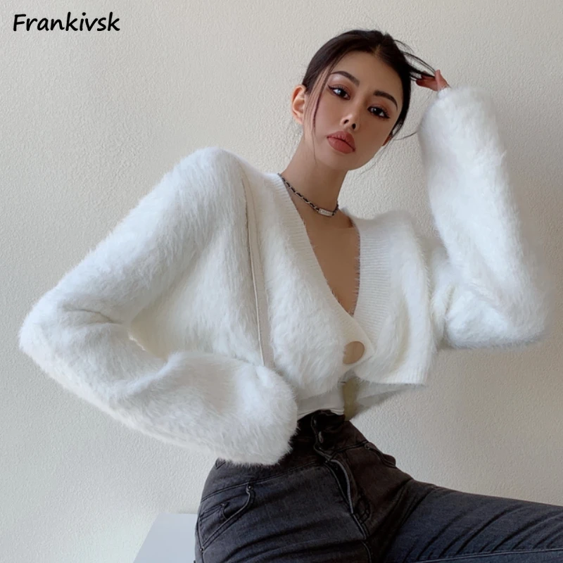 

Cropped Knitted Jackets Women Autumn Winter Cozy V-neck Plush Coats Slouchy European Style Spicy Girls Party All-match Simple