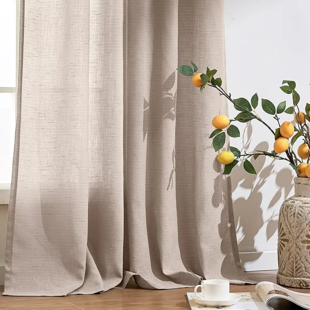 ستارة كتان شبه شفافة بلون رمادي داكن 100 للباب المنزلق، طول 96، سطح جروميت، نمط المزرعة