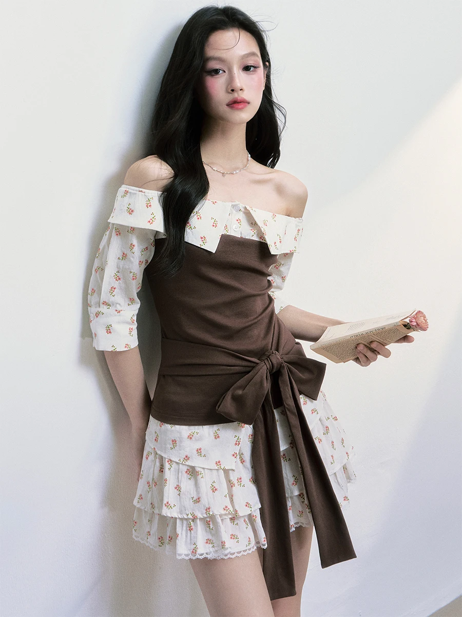 

Fragile Heart Floral Print Tie-Detail Shoulder Short Sleeve Shirt Splice Design Breathable Cotton Blend Summer Casual Top