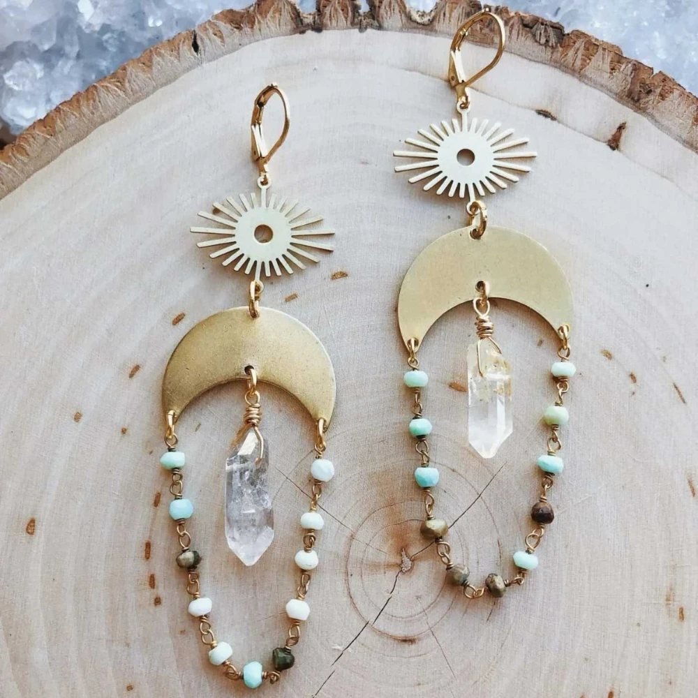 Charm Peruvian Opal Beaded Tassel Chain Sun Moon Irregular Crystal Column Dangle Earrings for Women Halloween Witchcraft Jewelry