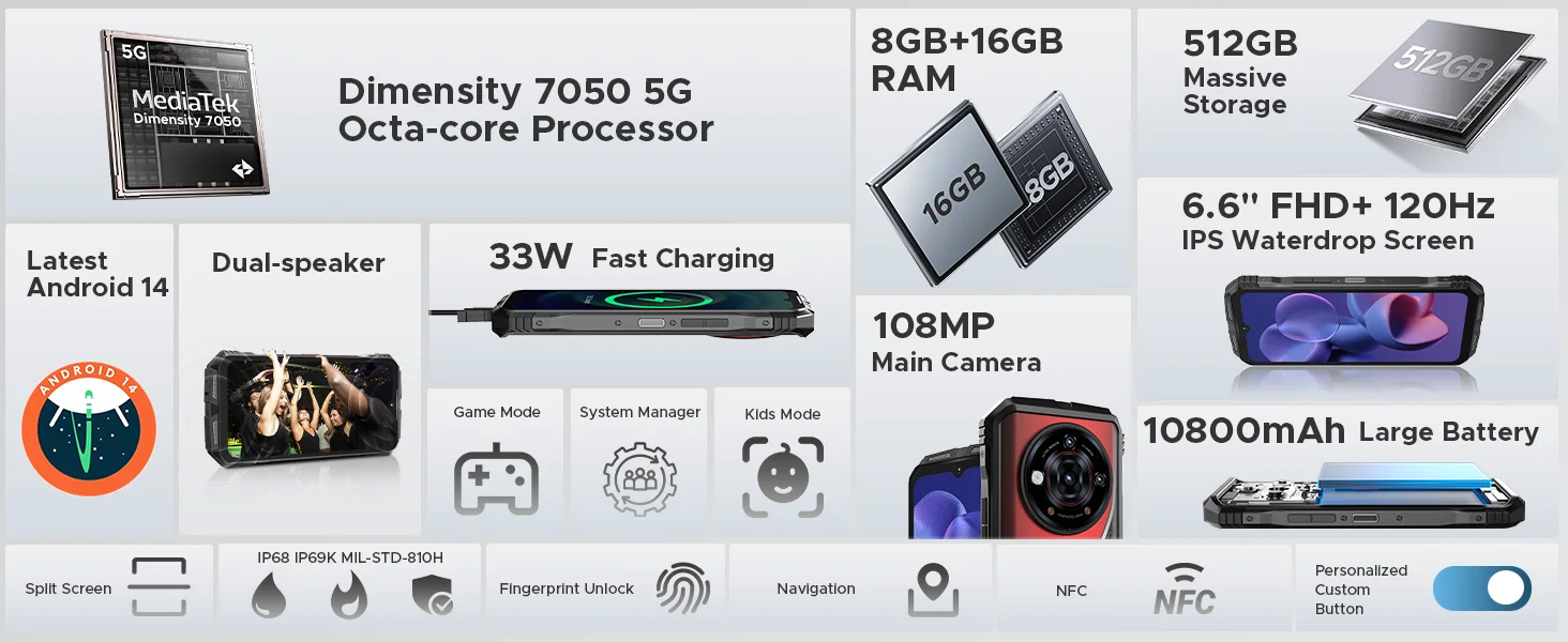DOOGEE S118 Pro 5G Rugged Phone Dimensity 7050 10800mAh Battery 6.6'' FHD 120Hz 8GB 512GB 108MP AI Main Camera NFC Cell Phone