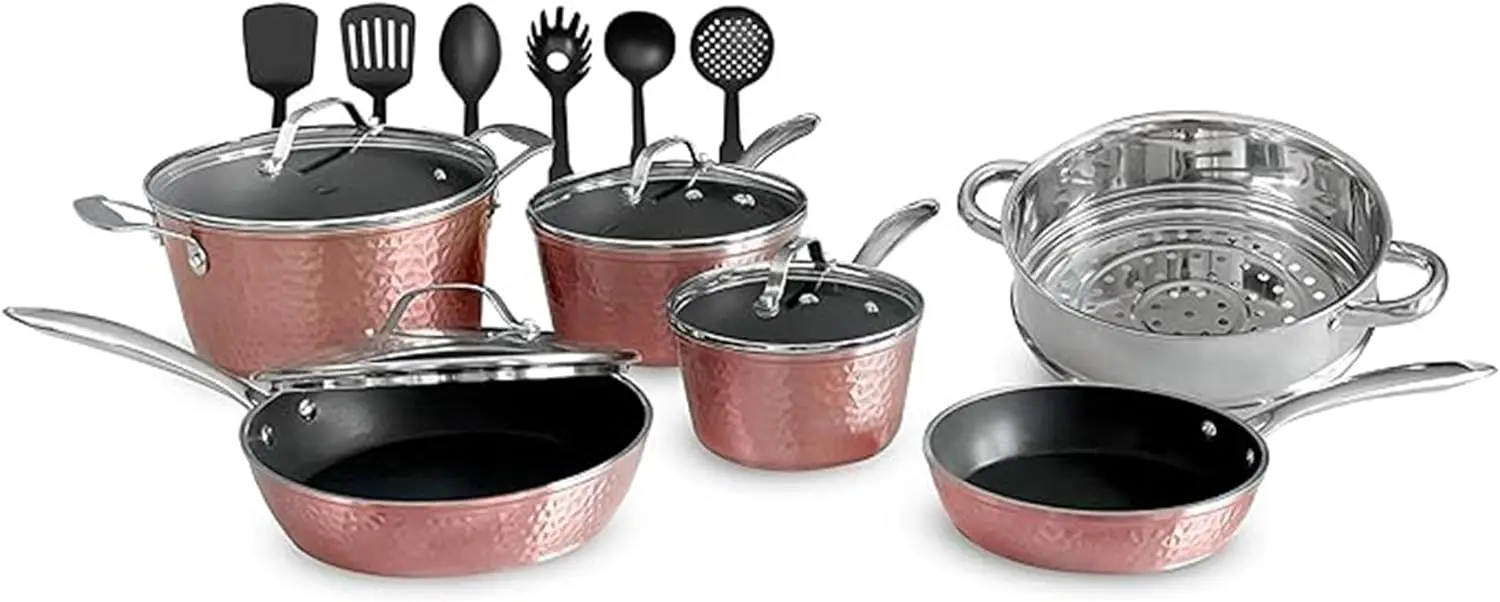 

Luxurious Non-Stick Ceramic 16 Piece Rose Gold Cookware Set with Glass Lids,Lightweight, Scratch-Resistant, Dishwasher Safe, Ove