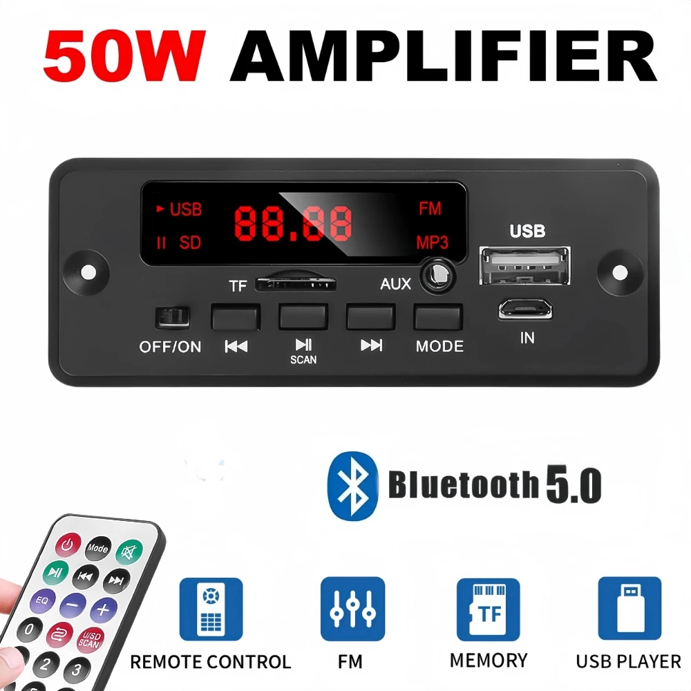 50W Amplifier 12V MP3 Decoder Board 25W Bluetooth 5.0 USB TF FM Radio Module For Car Music Speaker With Handsfree Voice Record