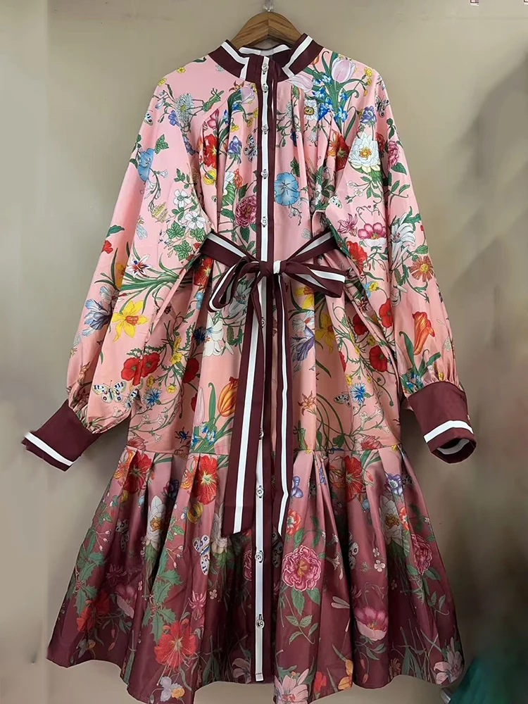 في خريف 2025، فستان قميص ملابس نسائية، فستان خصر مطبوع بمناظر طبيعية قديمة، تنورة منتفخة فضفاضة عصرية