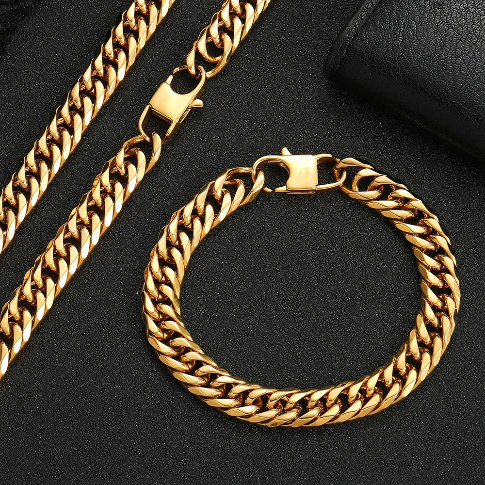 

7-9mm Hip-Hop Golden Curb Cuban Link Chain Necklace For Men Women Stainless Steel Bracelet Fashion Jewelry Accessories Gifts