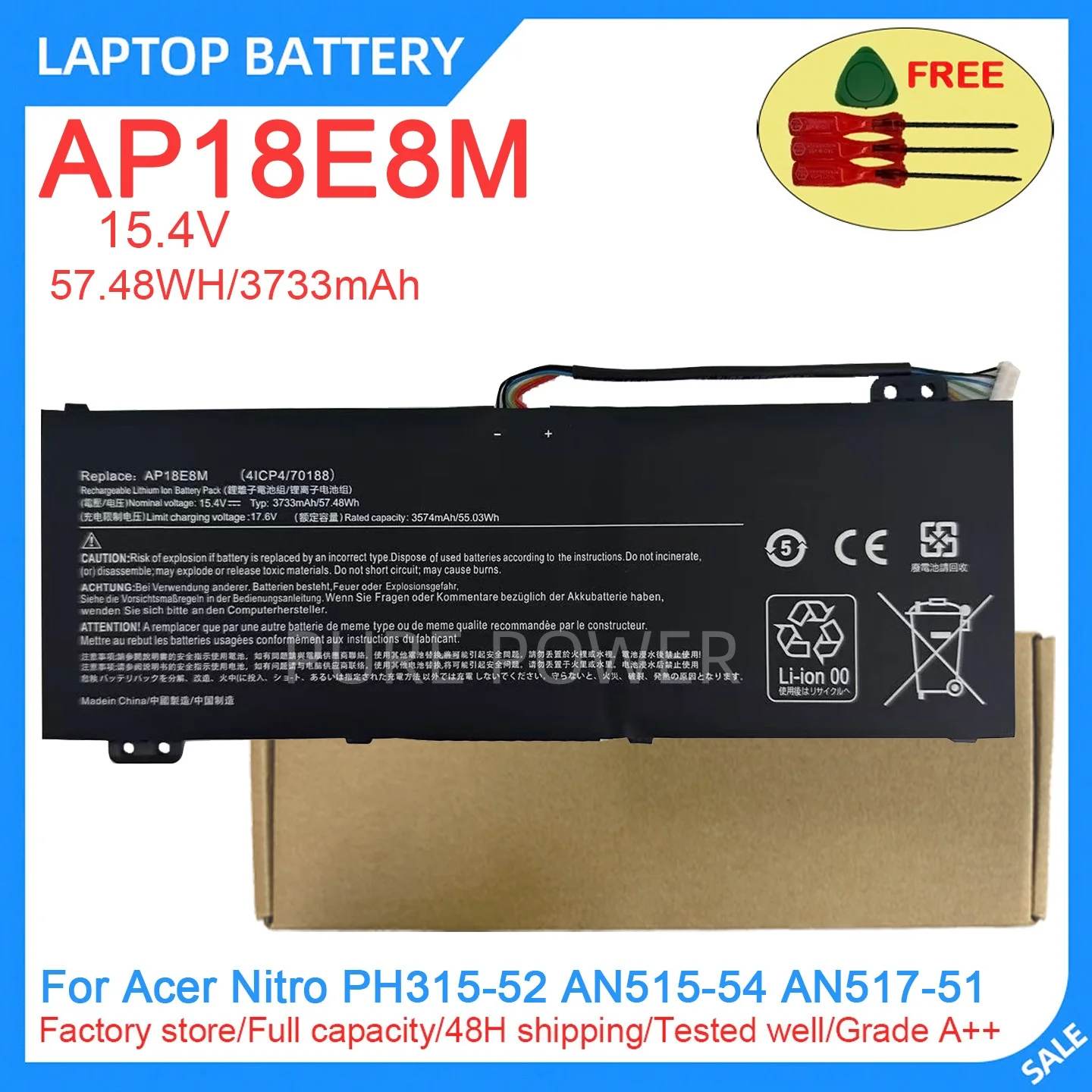 New Laptop Battery AP18E8M 15.4V 57.48WH 3733mAh High Quality For Acer Nitro PH315-52 AN515-54 AN517-51